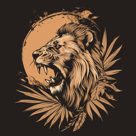 Lion with palm leaves. T-shirt design. Vector illustration.のイラスト素材
