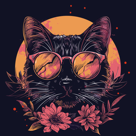 Vector illustration of a cat with sunglasses and flowers on a dark background.のイラスト素材