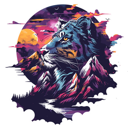 Vector illustration of a tiger on the background of mountains and the moonのイラスト素材