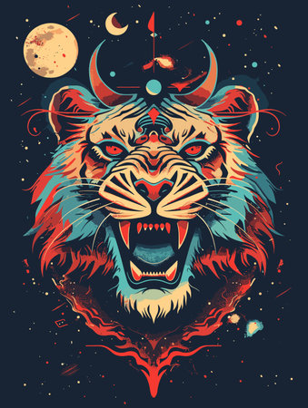 Tiger head with moon and stars. Vector illustration for t-shirt designのイラスト素材