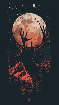 Deer silhouette on a background of the moon. Vector illustration.のイラスト素材