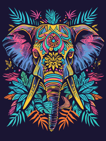 Colorful hand drawn vector illustration of an elephant surrounded by tropical leavesのイラスト素材