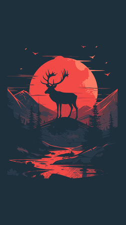 Deer on the background of the night forest. Vector illustration.のイラスト素材