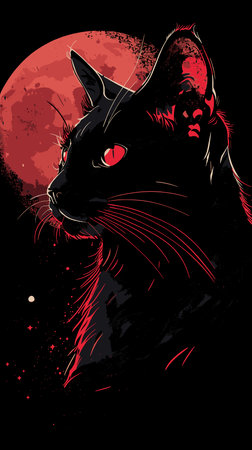 illustration of a black cat on a black background with a red moonのイラスト素材
