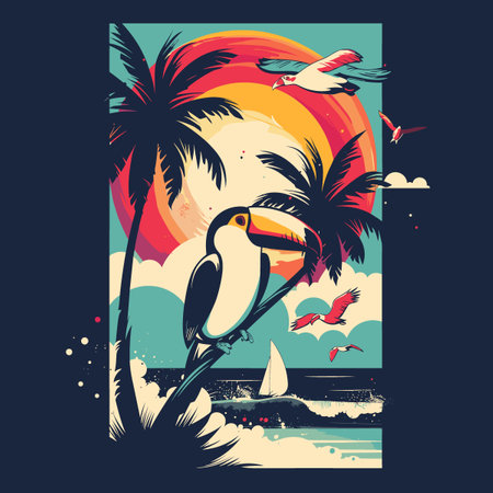 Tropical paradise with palm trees and parrot. Vector illustration.のイラスト素材