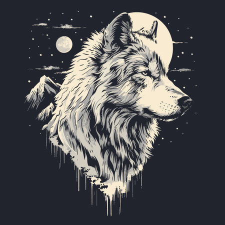 Hand drawn wolf and moon. Vector illustration for t-shirt print.のイラスト素材