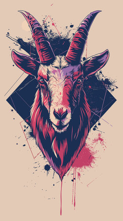 Vector illustration of goat head with grunge background. Can be used as a print on T-shirts and bags.のイラスト素材