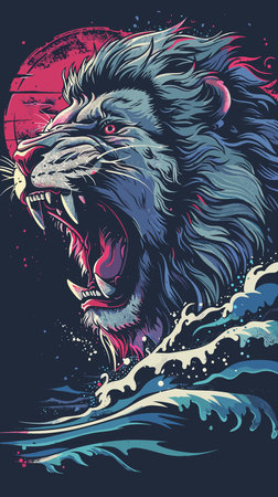 Lion head in the ocean. Vector illustration for t-shirt design.のイラスト素材