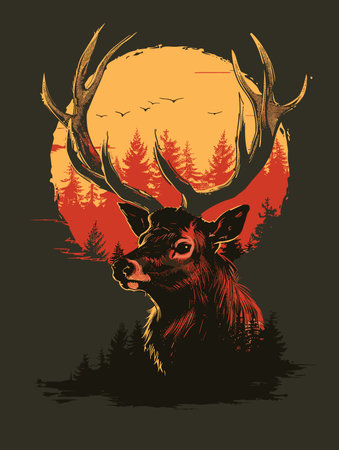 Deer in the forest at sunset. Vector illustration for your designのイラスト素材