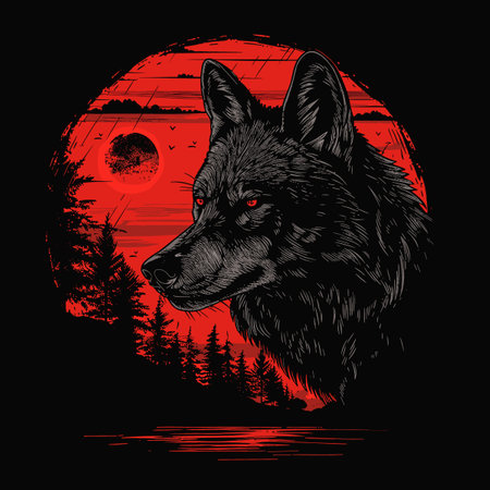 Wolf head on the background of the full moon. Vector illustration.