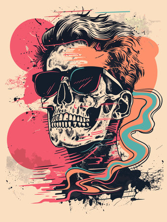 A skull with sunglasses on it is surrounded by smoke. The skull is wearing sunglasses and has a cigarette in its mouth. The image has a dark and edgy mood, with the skullのイラスト素材