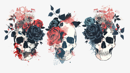 Skulls with roses and leaves, grunge vector illustration.のイラスト素材