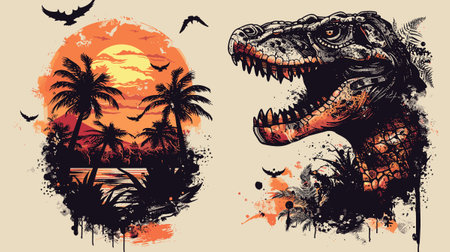 Crocodile silhouettes on sunset background. Vector illustration.のイラスト素材