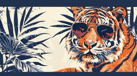 Tiger in sunglasses with palm leaves. Vector illustration. Grunge style.のイラスト素材