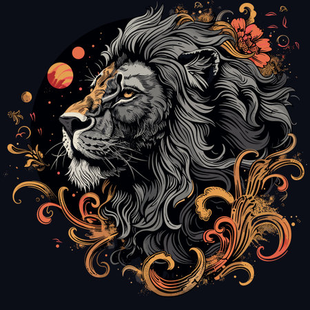 Lion head with grunge ornament on dark background. Vector illustrationのイラスト素材