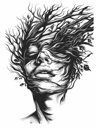 Drawing of a woman's face with a tree on her head.