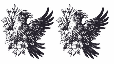 Eagle with flowers. Black and white engraving vector illustration.のイラスト素材