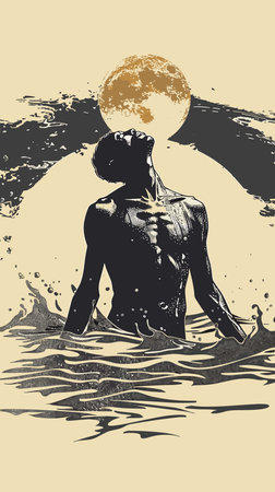 Surfer girl in the ocean. Vintage style. Vector illustration.のイラスト素材