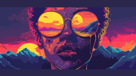 Face of a man in sunglasses against the background of the mountains. Vector illustration