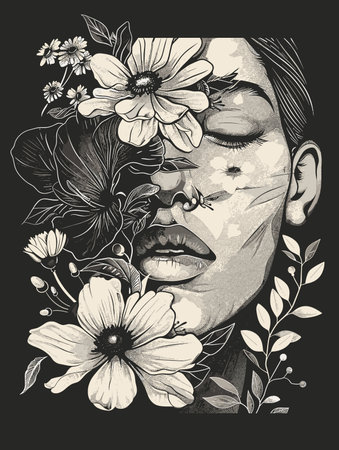 Woman face with flowers. Hand drawn vector illustration. Tattoo art.のイラスト素材
