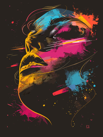 Vector illustration of a female face with colorful blots and splashes.のイラスト素材