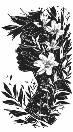 Black and white illustration of a woman with flowers in her hair.のイラスト素材
