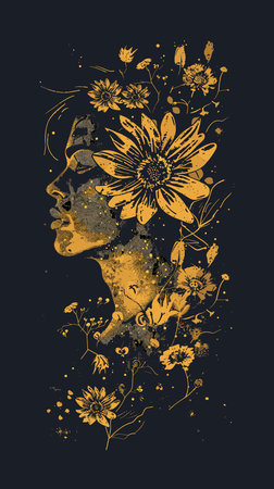 Grunge illustration of woman face with flowers on dark background.のイラスト素材