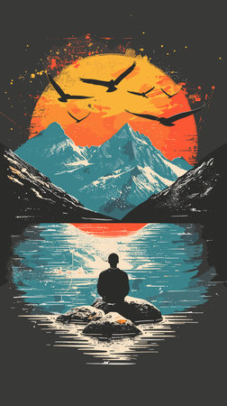 Man sitting on a rock in front of a mountain lake. Vector illustration.のイラスト素材