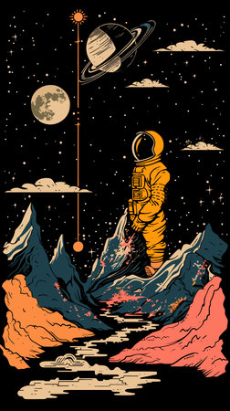 Astronaut in space. Vector hand drawn illustration in vintage style.のイラスト素材