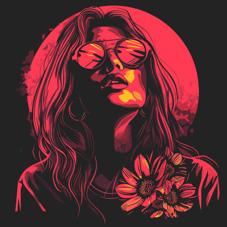 Beautiful woman with flowers on the background of the moon. Vector illustration.のイラスト素材