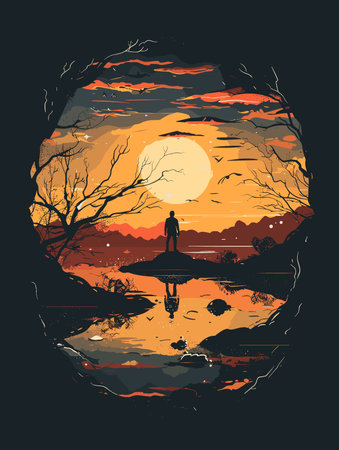 Silhouette of a man standing on a lake at sunset. Vector illustrationのイラスト素材