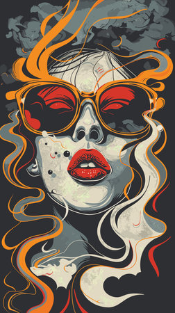 Vector illustration of a girl with long hair, lips and sunglasses.のイラスト素材
