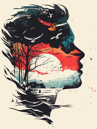 Silhouette of a man with a bird in his head.のイラスト素材