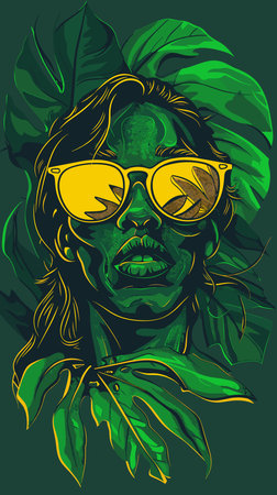 Vector illustration of a female face in sunglasses and monstera leaves.のイラスト素材