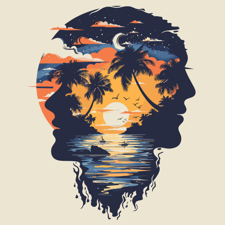 Silhouette of a man's head with palm trees and sunset. Vector illustrationのイラスト素材