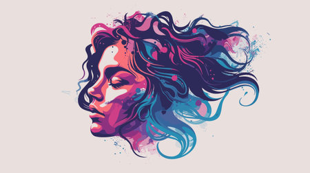 Beautiful girl face with colorful paint splashes. Vector illustration.のイラスト素材