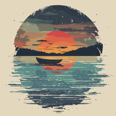 Sunset on the lake. Grunge style. Vector illustration.のイラスト素材
