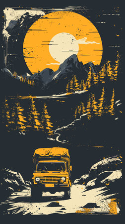 Vintage travel poster with grunge textured mountains and off road vehicleのイラスト素材