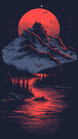 Mountain landscape with lake and mountains at night. Vector illustration.のイラスト素材