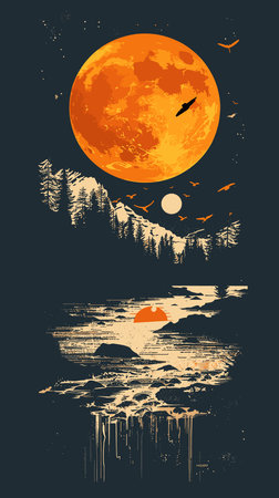 Halloween night landscape with full moon and crows. Vector illustration.のイラスト素材