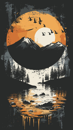 Mountains, lake and birds on grunge background. Vector illustration.のイラスト素材