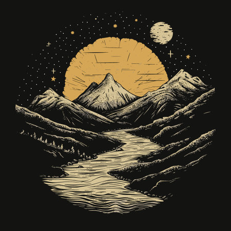 Hand drawn sketch of mountains with river and moon. Vector illustration.のイラスト素材
