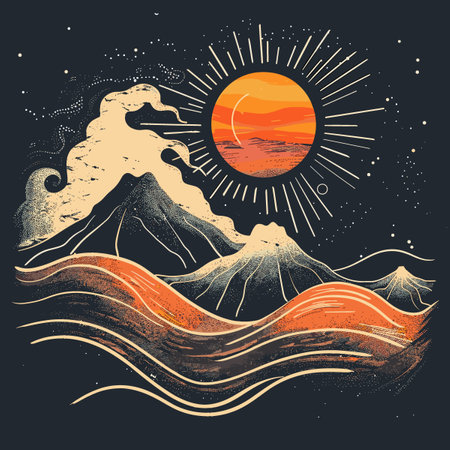 Mountain and sunset. Hand drawn vector illustration in vintage style.のイラスト素材