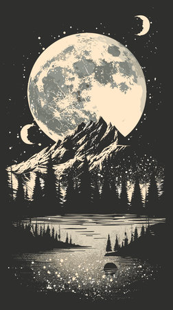 Night landscape with mountains, lake and moon. Hand drawn vector illustration.のイラスト素材