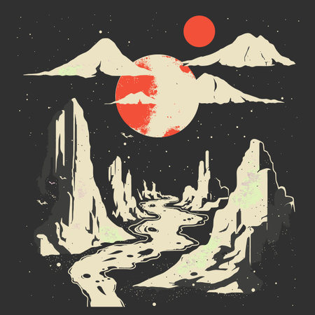 Retro poster with mountains and sun. Hand drawn vector illustration.のイラスト素材