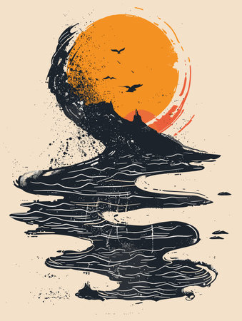 Vector illustration of a grunge sunset with waves and seagullsのイラスト素材