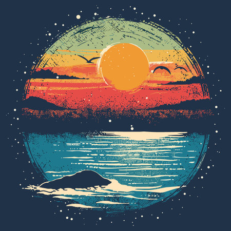 Beautiful sunset over the sea. Hand drawn vector illustration in retro style.のイラスト素材
