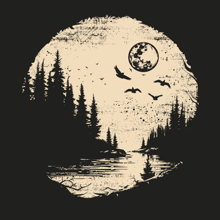 Silhouette of forest and lake on the background of the moonのイラスト素材