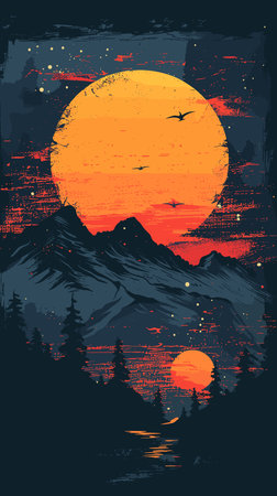 Mountain landscape with sunset. Vector illustration in grunge style.のイラスト素材