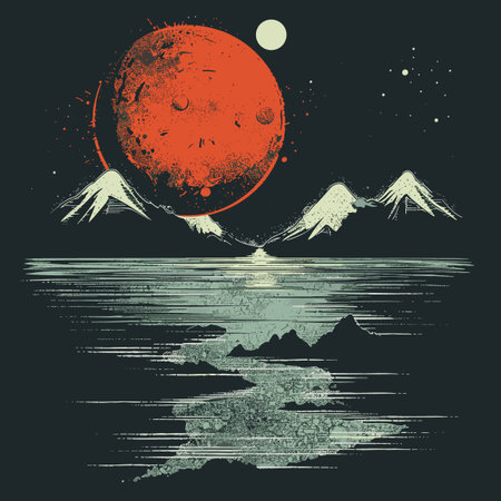 Mountain landscape with moon and sun in grunge style. Vector illustration.のイラスト素材